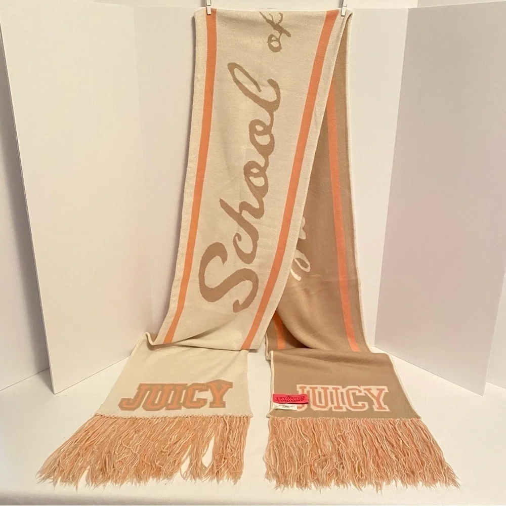 Juicy Couture Oversized Reversible School of Couture Scarf Peach/ Ivory/ Beige - Picture 7 of 15